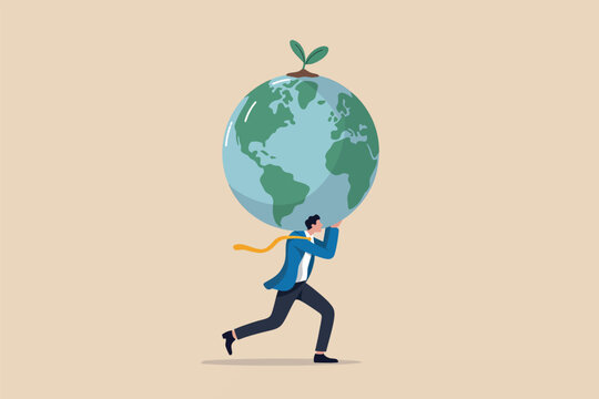 Businessman carrying a large globe with a growing plant for environmental responsibility Vector, illustration
