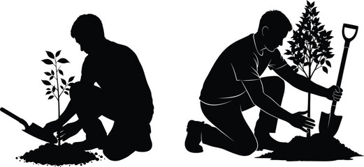 Silhouettes of two people planting trees with shovels in a garden or park © MdJahedul