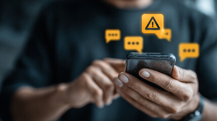 Hands holding smartphone with warning sign and message icons.