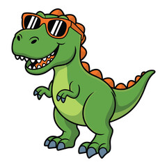 Fototapeta premium Cute green cartoon tyrannosaurus rex dinosaur wearing orange sunglasses, smiling