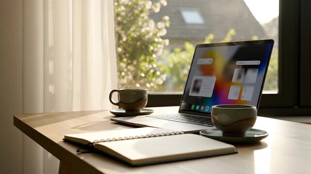 Peaceful home office workspace with laptop computer, ceramic coffee cups and open notebook on wooden desk by bright window with natural sunlight, remote work concept, cozy morning atmosphere, modern m