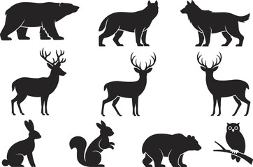 Black vector silhouette set of wild forest animals featuring bears wolves deer rabbits squirrels and an owl on a branch for nature wildlife branding