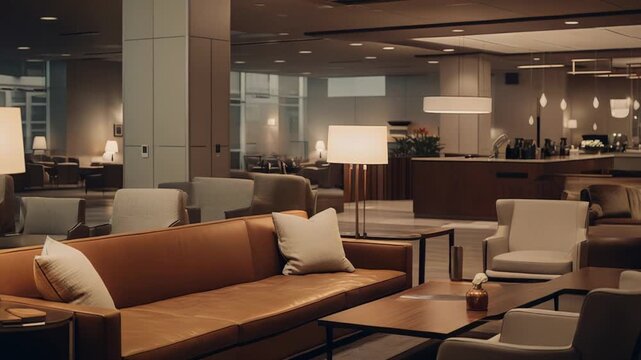 Professional lounge area displaying modern architecture and interior design, featuring comfortable leather sofas and ambient warm lighting, creating a luxurious and welcoming environment