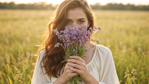 Young woman holding a bouquet of purple flowers in a field. Portrait of a female hiding face behind wildflowers at sunset. Spring nature concept