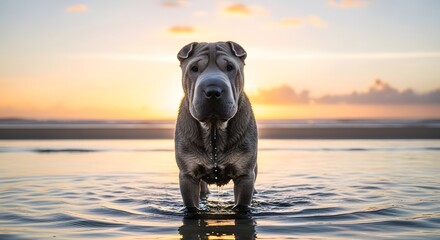 Chinese Shar Pei Dog Wading in Ocean Water at Golden Sunset