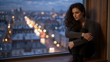 Fototapeta premium Pensive young woman sitting on window sill looking at city lights. Sad female thinking alone at home during night. Loneliness and contemplation concept