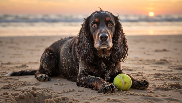 Black and tan spaniel dog lying on a sandy beach at sunset. Pet with a tennis ball on the shore during golden hour. Summer vacation with a dog by the ocean