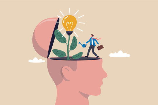 Conceptual illustration of a businessman nurturing ideas inside a human mind with a lightbulb Vector, illustration