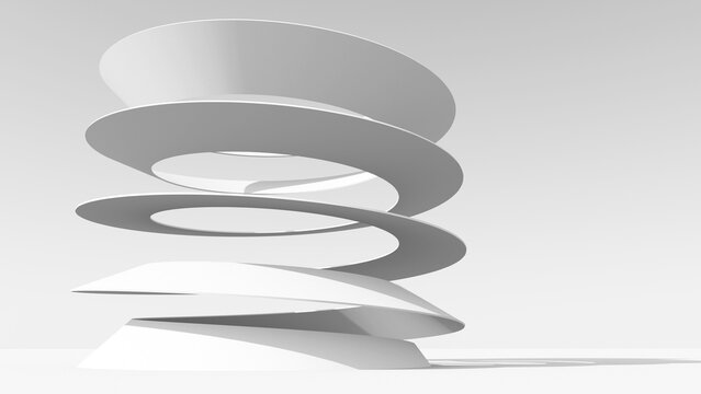 Minimal white spiral sculpture made of stacked oval rings evokes modern architecture, balance and motion. 3d rendering illustration