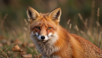 Fototapeta premium Close up portrait of a red fox in the wild. Wildlife headshot of a fox with orange fur and amber eyes. Natural forest background with autumn leaves