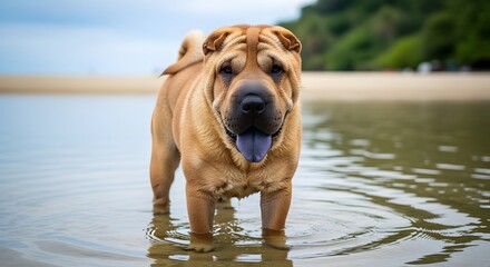 Alert Shar-Pei Dog Standing in Water on Tropical Beach Vacation