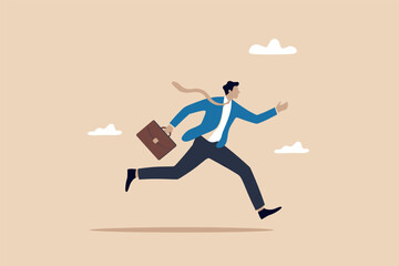 Fototapeta premium Businessman in a blue suit running fast while carrying a briefcase against a beige background. Vector, illustration