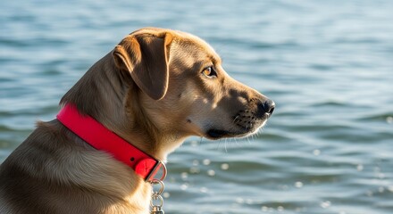 Loyal Dog Profile with Red Collar by Blue Water on Sunny Day