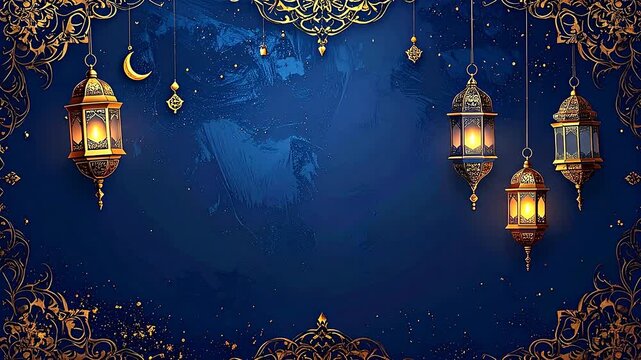 Golden lanterns illuminate a dark blue background with ornate decorations, creating a festive