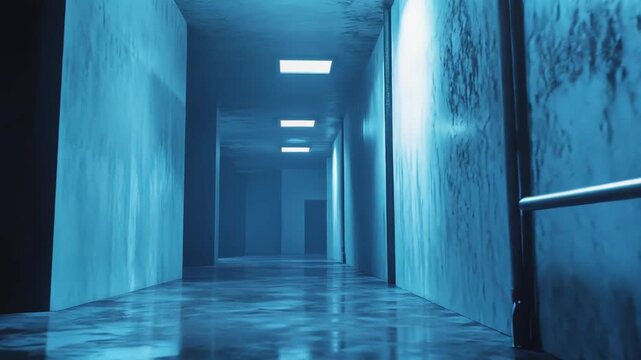 Long, desolate institutional corridor with textured concrete walls and wet, reflective floor illuminated by square blue lights, creating a mysterious and foreboding atmosphere