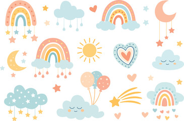 Set of cute boho baby objects in Scandinavian style: rainbow, clouds, stars, moon, balloons, hearts, sun. Doodle kid clipart for baby shower invitation, nursery room decor, poster and cards. © Galyna Fedorova