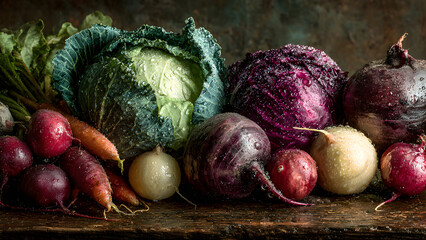 A bountiful harvest of fresh, colorful vegetables including carrots, beets, cabbage, and onions on a rustic wooden surface