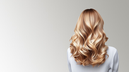 Fototapeta premium Rear view of a woman with long, voluminous wavy blonde hair. Healthy shiny curls with soft studio lighting on a minimal neutral background. Haircare, beauty salon, hairstyle concept.
