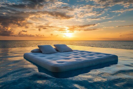 Double bed floating in a pool during sunset with a view of the ocean and sky reflects the end of a summer day