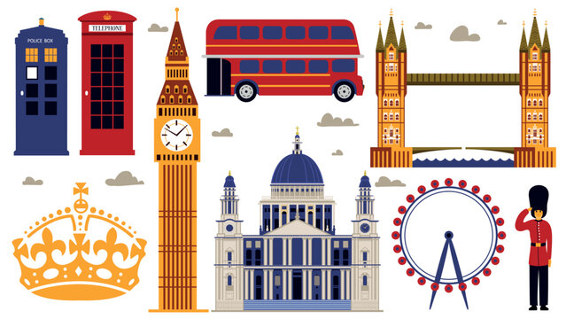 London and UK symbols and architecture. st. Paul cathedral, Big Ben and Tower bridge. Double decker bus and telephone box landmarks and elements for travel design