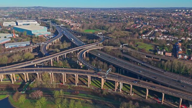 Overhead view of fast moving traffic above the M6 Motorway in Birmingham at an interchange known as Spaghetti Junction