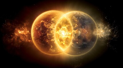 Double planet fusion, two worlds colliding, showing cross-sections merging together, glowing tectonic energy and dust explosion, 