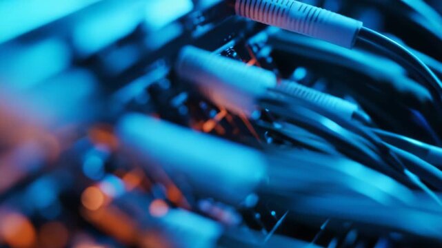 Data center network cables and server ports interconnect in glowing blue and orange lines, forming a high tech infrastructure for cloud computing, data transfer, and storage