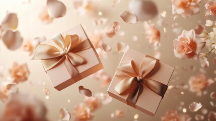 Fototapeta premium Luxurious beige box tied with satin bow amid swirling cherry blossom petals, ideal illustration for March 8 gifts and holiday greetings.
