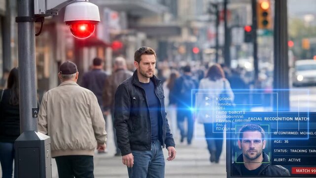 Man walking on busy city sidewalk being tracked by facial recognition system. CCTV camera with red light monitoring pedestrians in urban environment. Panning shot.