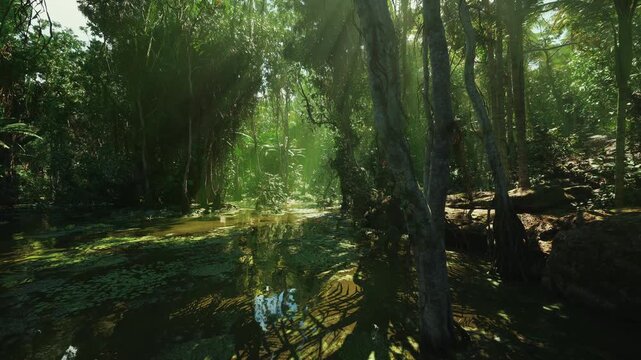 hidden forest passage with light opening, tunnel of trees and arching roots guiding toward glowing clearing, sense of discovery, curiosity and quiet wonder