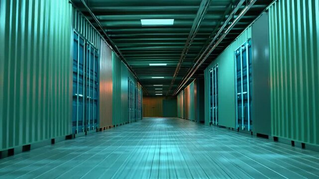 Industrial shipping containers lining a lengthy corridor inside a modern storage facility, illuminated by cool turquoise and blue lighting, symbolizing global trade and logistics