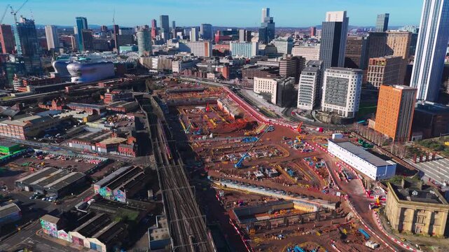 Skyline of Birmingham City Centre in the UK with the new high speed railway construction site in the foreground