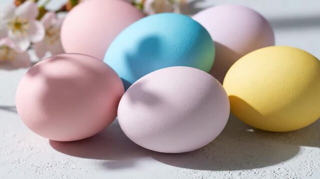 Pastel colored easter eggs and spring blossoms creating a festive holiday composition. A modern still life banner with bright direct sunlight and strong contrasting shadows