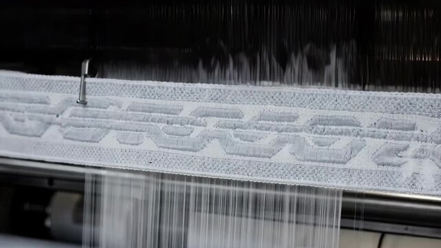 Dynamic medium shot of jacquard knitted elastic fabric creation featuring intricate logo patterns woven seamlessly into stretchy cuff material on specialized equipment.