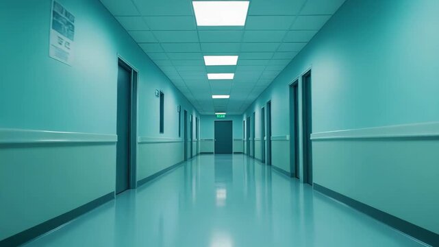 Long, empty hospital corridor with glowing blue green medical lighting, creating a sterile and clean environment, emphasizing healthcare, future, and technology concepts
