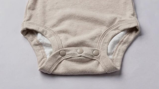 Medium shot of baby bodysuit with plastic snap closures on the crotch highlighting smooth finish and gentle fabric binding for infant comfort and convenience.