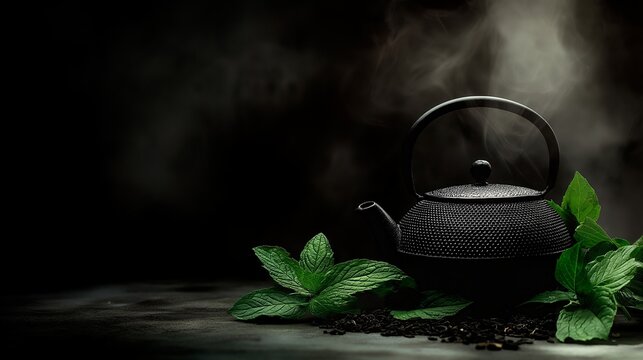 teapot and green tea on a dark background