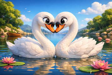 Obraz premium Two elegant white swans on a lake forming a heart shape with their necks 3D animation art