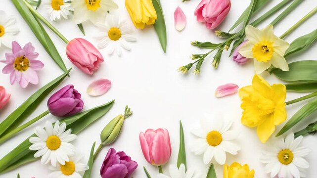 Colorful spring flowers including tulips daffodils and daisies arranged on a white surface. Panoramic floral background with copy space for easter or mothers day greetings