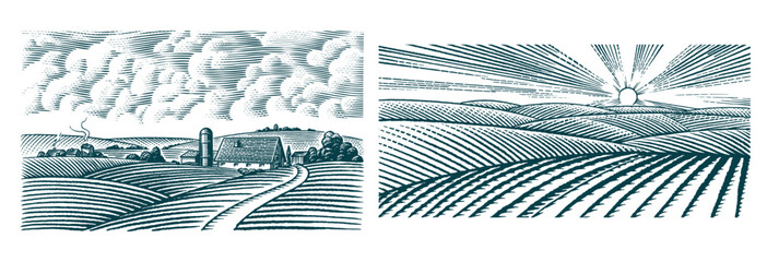 Rustic meadow hand drawn village landscapes illustrations with fields, house, cow oak and windmill. Beautiful rural scentic farm view for milk, cheese farm products. Eco natural food engraving. © artbalitskiy