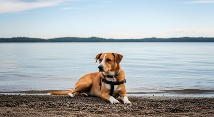 Relaxed Brown and White Dog on Pebble Beach by Calm Lake Water