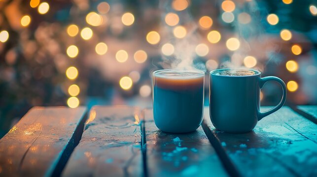coffee cup and coffee beans on wooden table in cafe