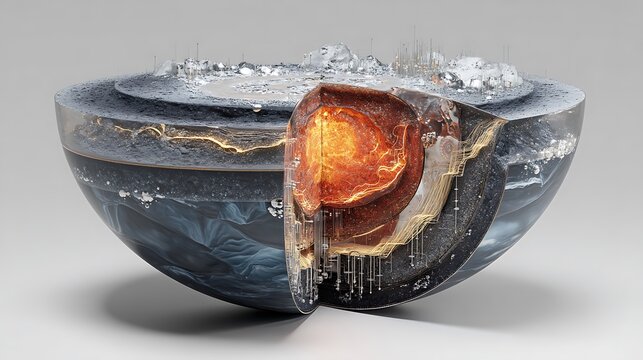Half-sphere planet cutaway, showing crystal layers, magma rivers, and metallic structures inside, cinematic depth of field, 
