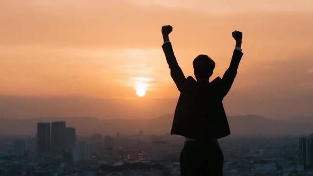 Silhouette of young male celebrating success at sunset over city skyline
