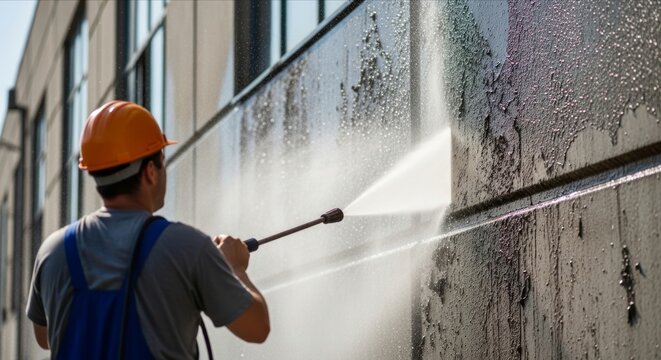Worker Using Pressure Washer to Clean Exterior Wall on Building