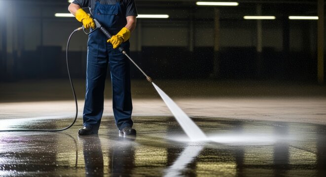 High-Pressure Cleaning of Industrial Floor with Worker in Gloves