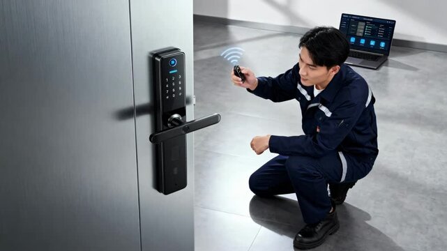 Medium shot of technician installing smart lock system demonstrating enhanced security and remote access capabilities for modern buildings.