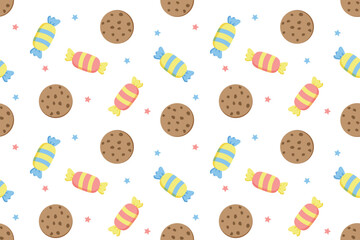 Seamless pattern with candy and cookies, cute hand drawn sweets background for bakery packaging, textile and cozy food illustration