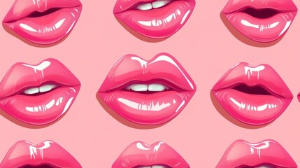 Pattern of shiny pink lips on a light background suitable for various designs and fashion uses