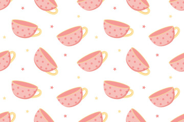 Seamless pattern with pink tea cups, cute hand drawn tea background for kitchen decor, cafe packaging and cozy illustration
